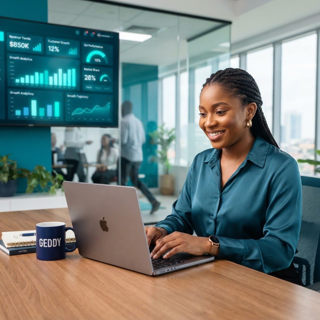 Business owner reviewing a digital growth dashboard